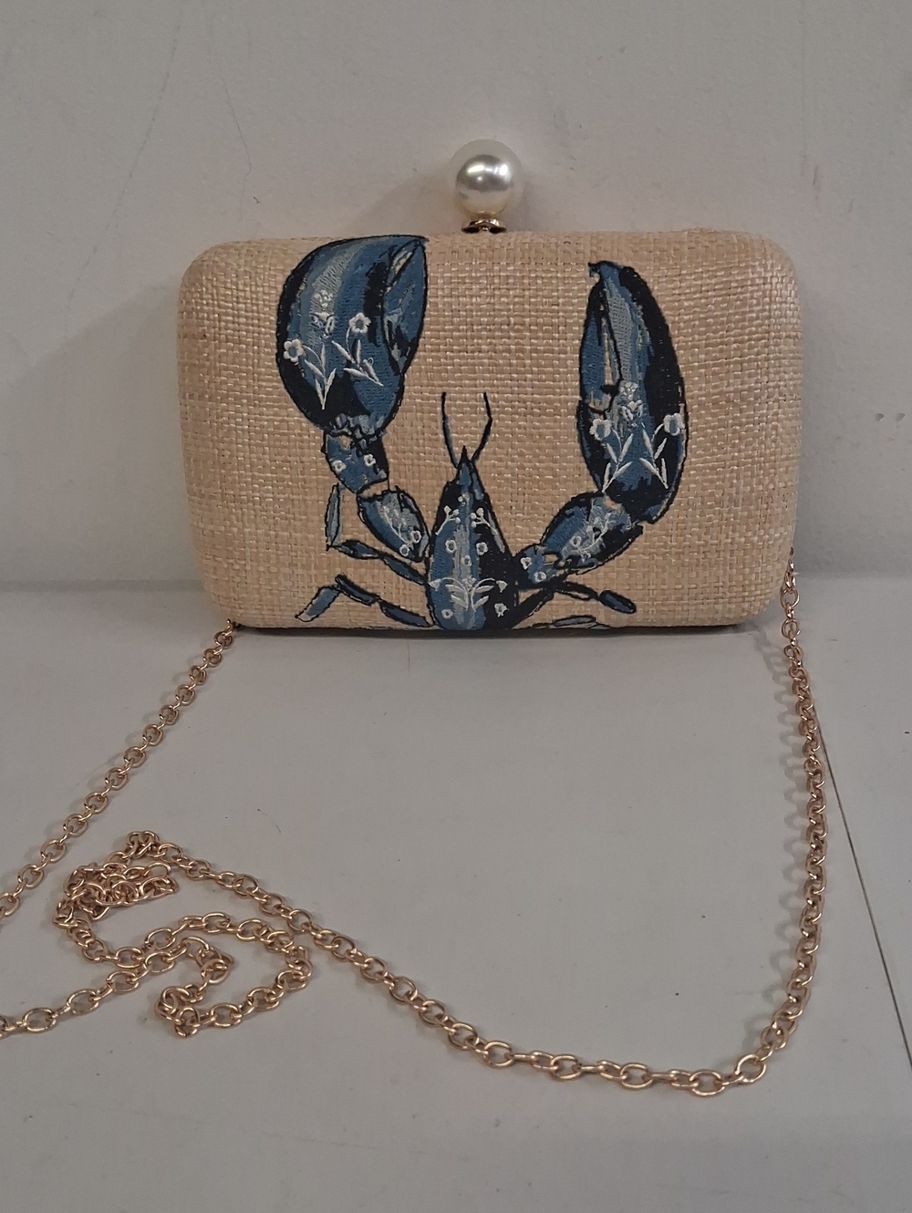 NWOT Straw Clutch With Blue Embroidered Lobster, Pearl Clasp